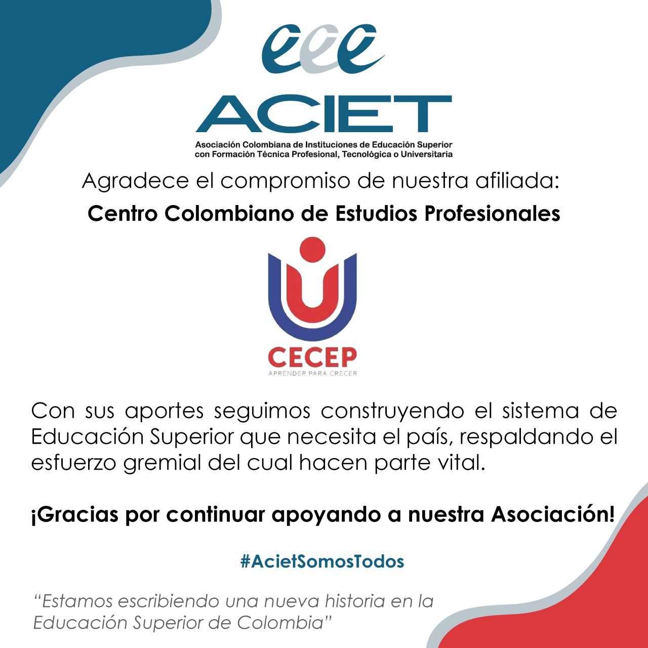 Reconocimiento por parte de la Asociación Colombiana de Instituciones de Educación Superior con Formación Técnica Profesional, Tecnológica o Universitaria - ACIET